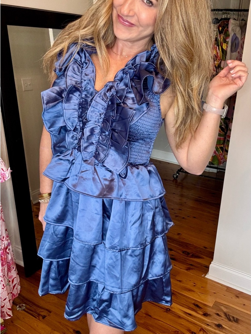 Karlie Blue Ruffled Satin Tiered Prom Dress